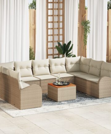 10-teiliges Garten Sofa Set mit Kissen Beige Poly Rattan Akazienholz