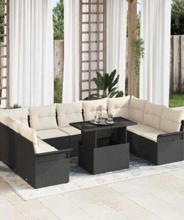 10-teiliges Garten-Sofa-Set mit Kissen Schwarz Poly-Rattan