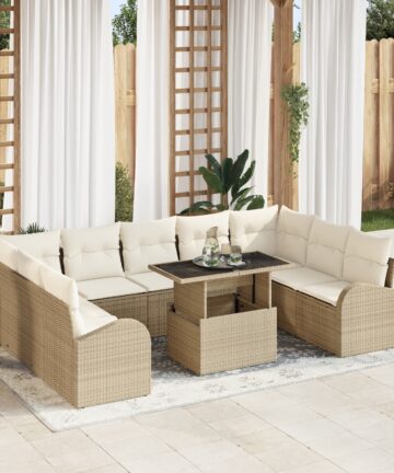 10-teiliges Garten Sofa Set mit Kissen Beige Poly Rattan