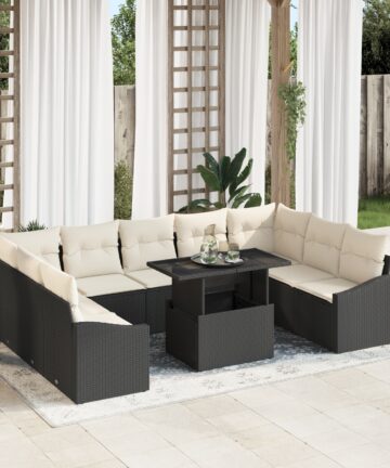 10-teiliges Garten Sofa Set mit Kissen Schwarz Poly Rattan