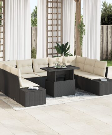 10-teilige Gartensofagarnitur mit Kissen Schwarz Poly Rattan