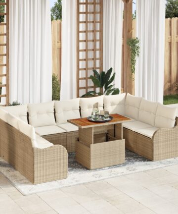 10-teiliges Garten Sofa Set mit Kissen Beige Poly Rattan Akazie