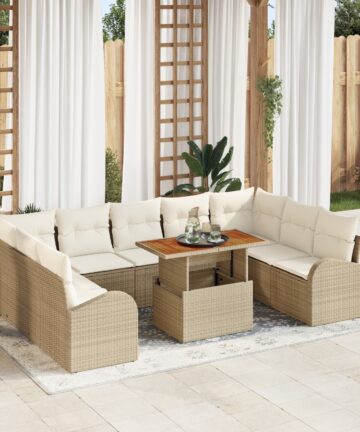 10-teiliges Garten Essset mit Kissen beige Poly Rattan Akazie