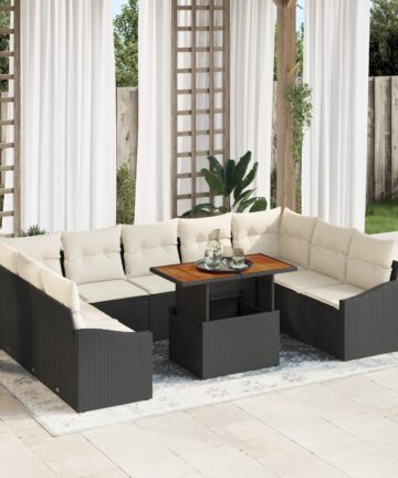 10-teiliges Garten Essgruppe mit Polstern Schwarz Poly Rattan Akazie