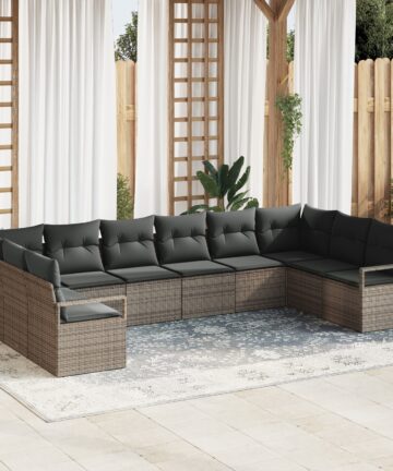 10-teiliges Garten Sofa Set mit Kissen Grau Poly Rattan