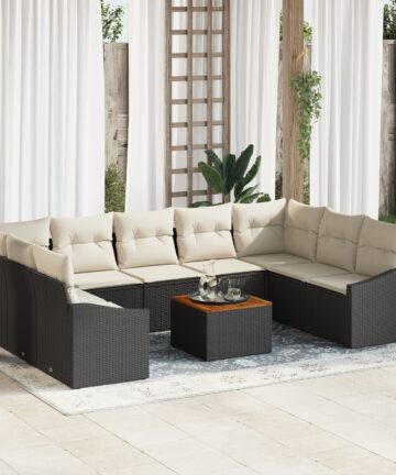10-teilige Garten-Sofa-Set mit Kissen Schwarz Poly Rattan Akazie