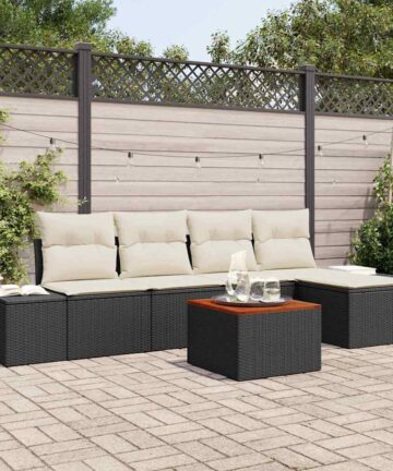 Gartensofa Set 6 pcs Schwarz, weiß Rattan, Polyester, Stahl