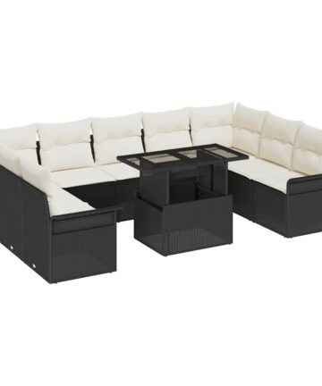 10-teiliges Garten-Sofa-Set mit Kissen Schwarz Poly-Rattan
