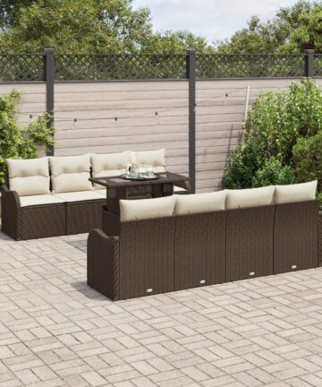 10-teiliges Garten Sofa Set mit Kissen Braun Poly Rattan