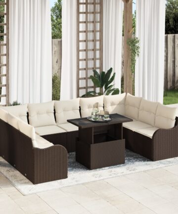 10-teiliges Garten Sofa Set mit Kissen Braunes Poly Rattan