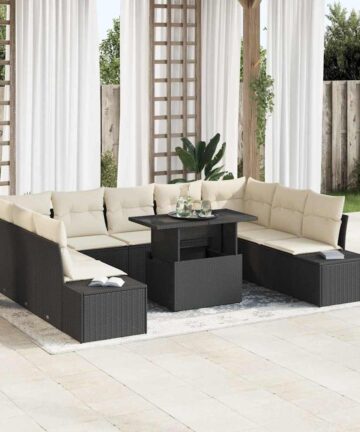 10-teiliges Garten-Sofa-Set mit Kissen Schwarz Poly Rattan