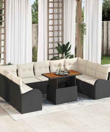 10-teilige Garten Sofa Set mit Kissen Schwarz Poly Rattan