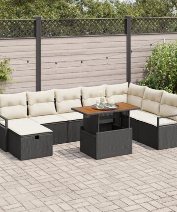 9-teiliges Garten-Sofa-Set mit Kissen Schwarz Poly Rattan