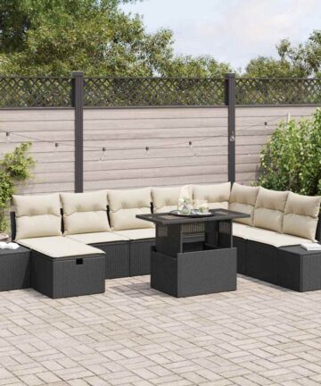 9-teiliges Garten-Sofa-Set mit Kissen, schwarzes Poly-Rattan
