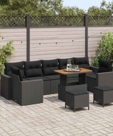 10-teiliges Gartensofa-Set mit Kissen in Schwarz, aus Poly Rattan und Akazie