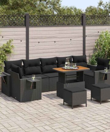 10-teiliges Garten-Sofa-Set mit Kissen in Schwarz aus Poly-Rattan und Akazie.
