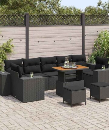 10-teiliges Garten-Sofa-Set mit Kissen in Schwarz