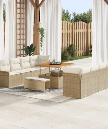 11-teiliges Garten Sofa Set mit Kissen Beige Poly Rattan Akazie