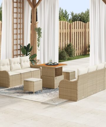 10-teiliges Garten Sofa Set mit Kissen Beige Poly-Rattan Akazie