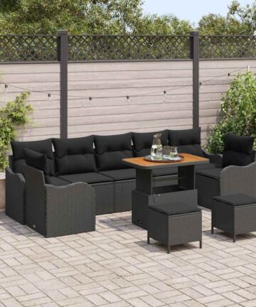 10-teiliges Garten-Sofa-Set mit Kissen in Schwarz aus Poly-Rattan und Akazienholz.