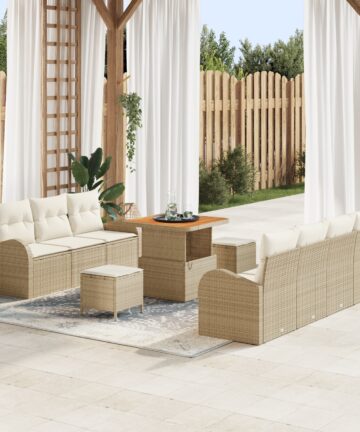 10-teiliges Garten Sofa Set mit Kissen Beige Poly Rattan Akazie