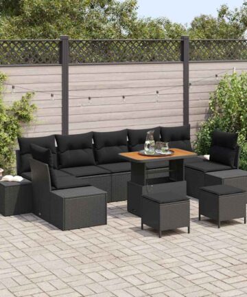 10-teiliges Garten-Sofa-Set mit Kissen Schwarzes Poly Rattan Akazie