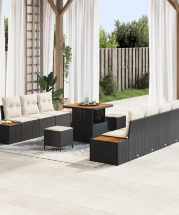 10-teilige Garten Sofa Set mit Kissen Schwarz Poly-Rattan Akazie