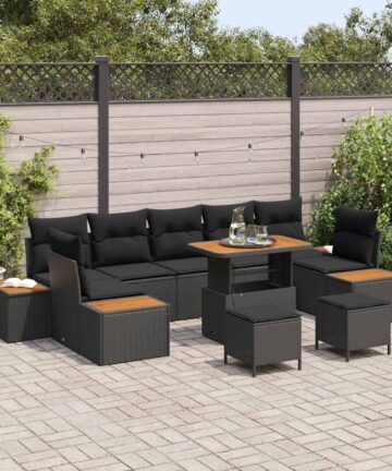 10-teiliges Garten-Sofaset mit Kissen, schwarzes Poly-Rattan, Akazie