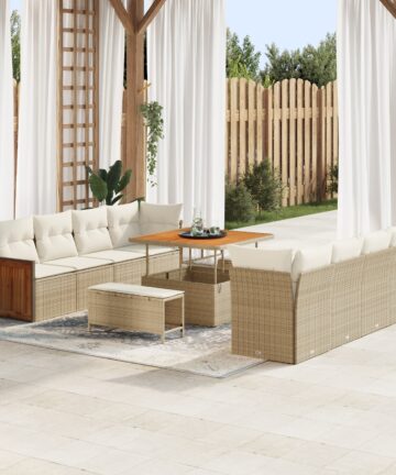 11-teilige Garten-Sofa-Set mit Kissen Beige Poly Rattan Akazie