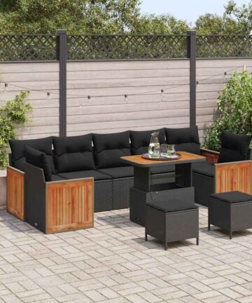 10-teiliges Garten-Sofa-Set mit Kissen Schwarz Poly Rattan Akazie