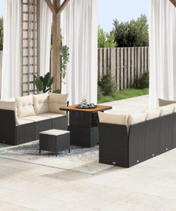 10-teiliges Garten Sofa Set mit Kissen Schwarz Poly Rattan Akazie