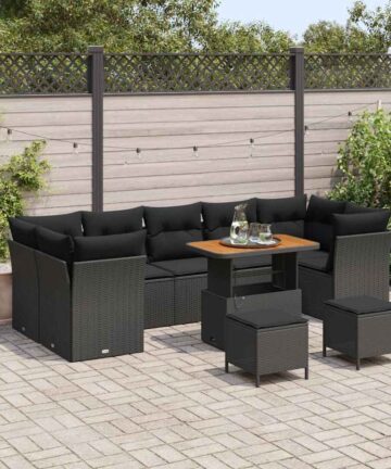 10-teiliges Garten Sofa Set mit Kissen Schwarz Poly Rattan Akazie
