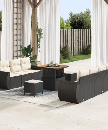 10-teiliges Garten-Sofaset mit Kissen Schwarz Poly-Rattan Akazie