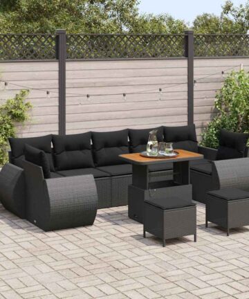 10 teiliges Garten Sofa Set mit Kissen Schwarz Poly Rattan Akazie