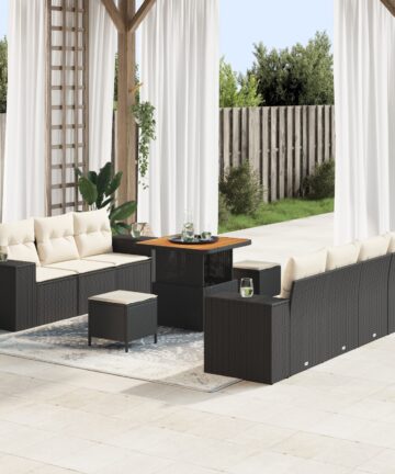 10-teiliges Garten Sofa Set mit Kissen Schwarz Poly Rattan Akazie
