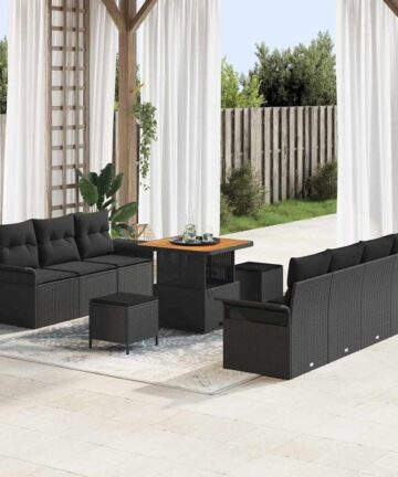 10-teiliges Garten-Sofa-Set mit Kissen Schwarz Poly-Rattan Akazie