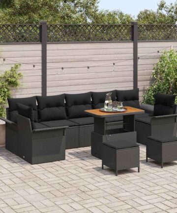 10-teiliges Garten Sofa Set mit Kissen Schwarz Poly Rattan Akazie