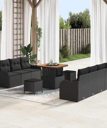 10-teiliges Garten Sofa Set mit Kissen Schwarzes Poly Rattan Akazie