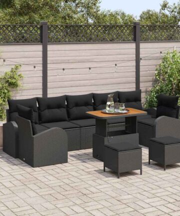 10-teiliges Garten Sofa Set mit Kissen Schwarz Poly Rattan Akazie