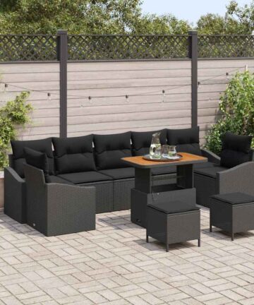 10-teiliges Garten Sofa Set mit Kissen Schwarz Poly Rattan Akazie
