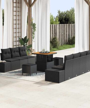 10-teiliges Garten Sofa Set mit Kissen Schwarz Poly-Rattan Akazie