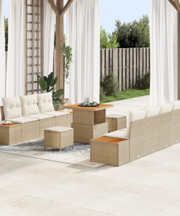 10-teiliges Garten Sofa Set mit Kissen Beige Poly Rattan Akazie