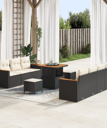 10-teilige Garten Sofas mit Kissen Schwarz Poly Rattan Akazie