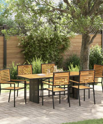 7-teiliges Garten Esszimmer Set Schwarz Poly Rattan Akazie