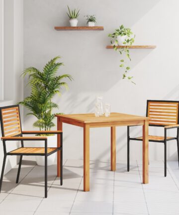 5-teiliges Garten Esszimmer Set Schwarz Polyrattan Akazie, Stapelbare Gartenstühle mit Kissen 2 Stück Schwarz Polyrattan