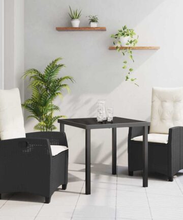 3-teiliges Garten-Esszimmer-Set mit Kissen in Schwarz aus Poly-Rattan.