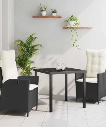 3-teiliges Garten-Esszimmer Set mit Kissen in Schwarz aus Poly-Rattan