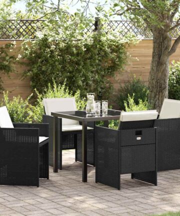 5-teiliges Garten-Esszimmer-Set mit Kissen in Schwarz aus Poly Rattan