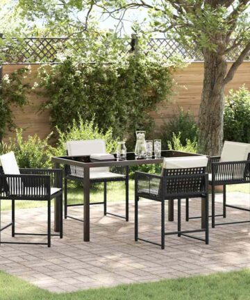 5-teiliges Garten-Essset mit Kissen - Schwarz, aus Poly Rattan.