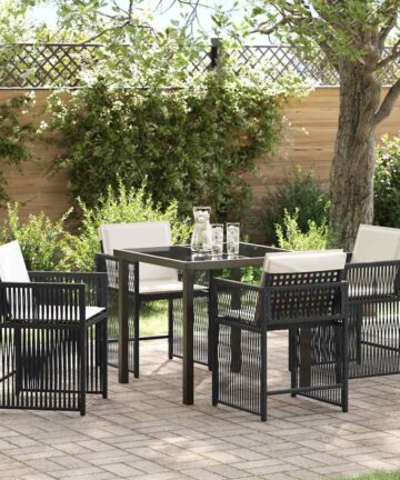 5-teiliges Garten-Esszimmer-Set mit Kissen, schwarzes Poly-Rattan